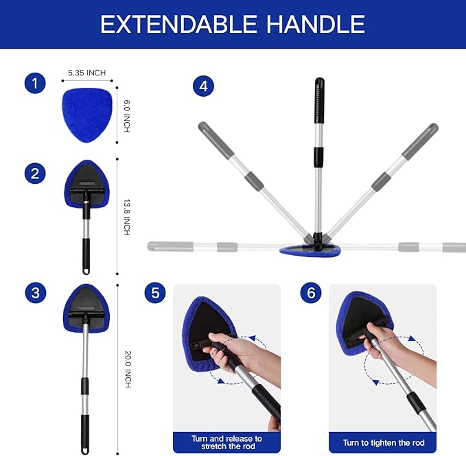 10pcs Windshield Cleaner Tool, Car Window Cleaning Wash Kit with 4 Reusable Microfiber Pads 1 Spray Bottle and Extendable Handle Auto Glass Wiper Kit, Blue&Green