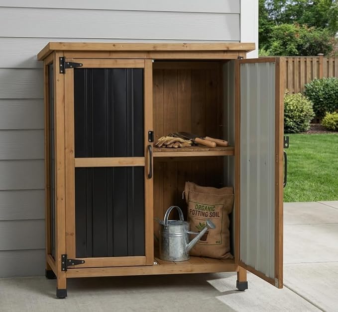 Small Outdoor Storage Cabinet Wood & Metal, Small Garden Tool Storage Cabinet with Asphalt Roof, Double Lockable Doors & Removable Shelves for Porch, Patio, Garden, Backyard