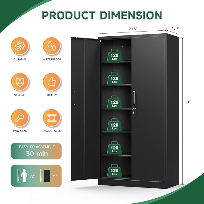 Letaya Metal Storage Cabinets with Lock Doors,Tall Locker Organizer Steel Garage Cabinets, 5 Adjustable Layers Shelves for Home, Office, Warehouse,Tool,Industrial(Black)
