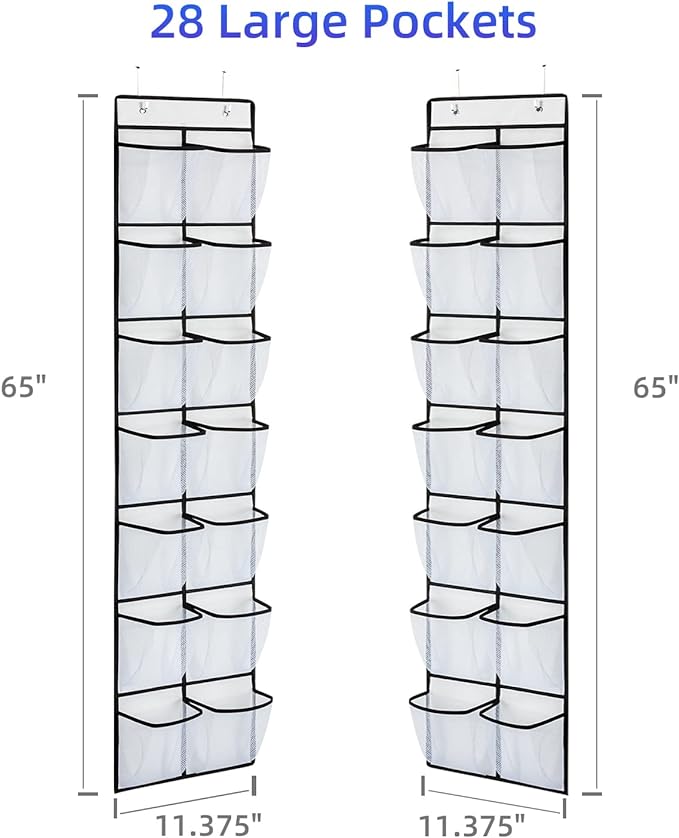 KEEPJOY Over the Door Shoe Organizer, Hanging Shoe Organizer with 4 Hooks, Shoe Holder with 14 Mesh Pockets Closet Door Shoe Storage Bag (White-2Pack)