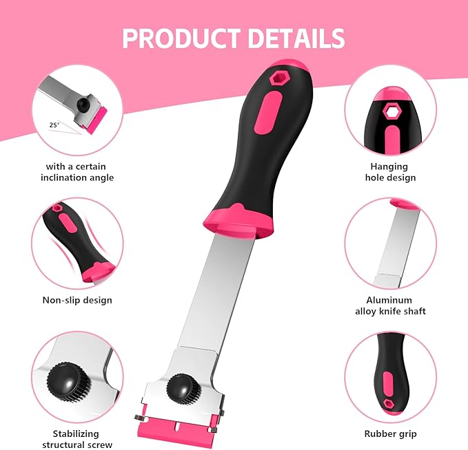 3 Pack Razor Blade Scraper Set, Includes 30 Plastic & 30 Metal Blades, Multi-Purpose Tool for Glass, Cooktop, Sticker Removal, Paint & Gum Cleaning (Pink)