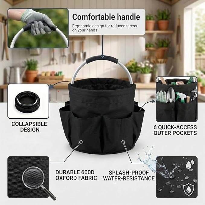 Multifunctional 17L Cleaning Caddy,Foldable 600D Organizer Bag with EVA Grip and 6 Pockets,Portable Storage Tote for Housekeeping,Car Detailing,Garden,Bathroom and Dorm (black)