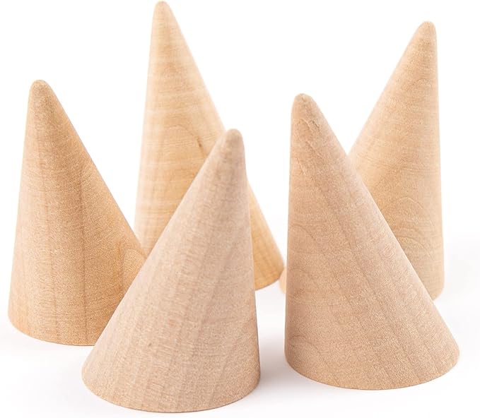 Framendino, 10 Pack Natural Wood Cone Ring Holder Finger Jewelry Display Stand Organizer for DIY Craft (Tilted Shaped)