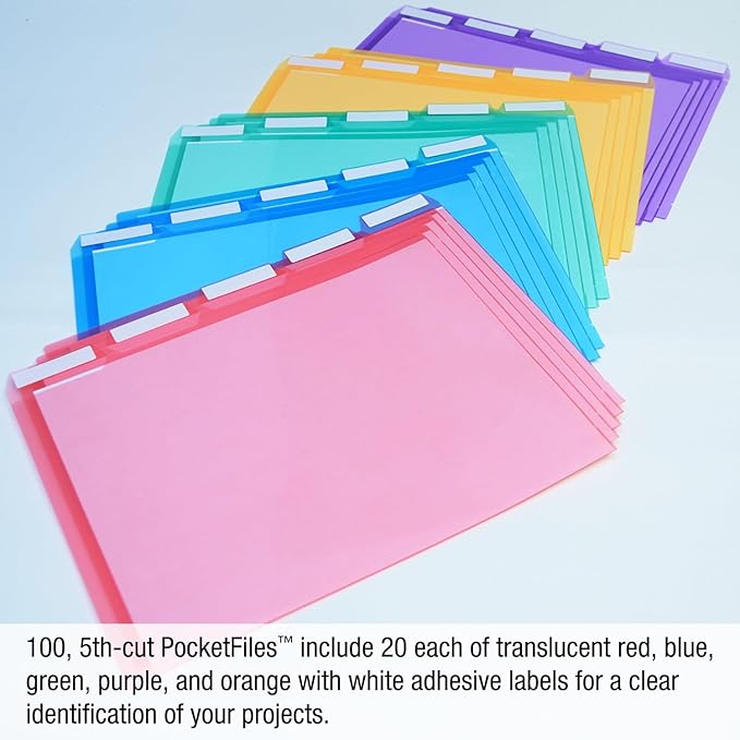 Ultimate Office PocketFile™ Clear Poly Document Folder Project Pockets, 5th-Cut, Letter Size, in 5 Assorted Colors, Set of 100