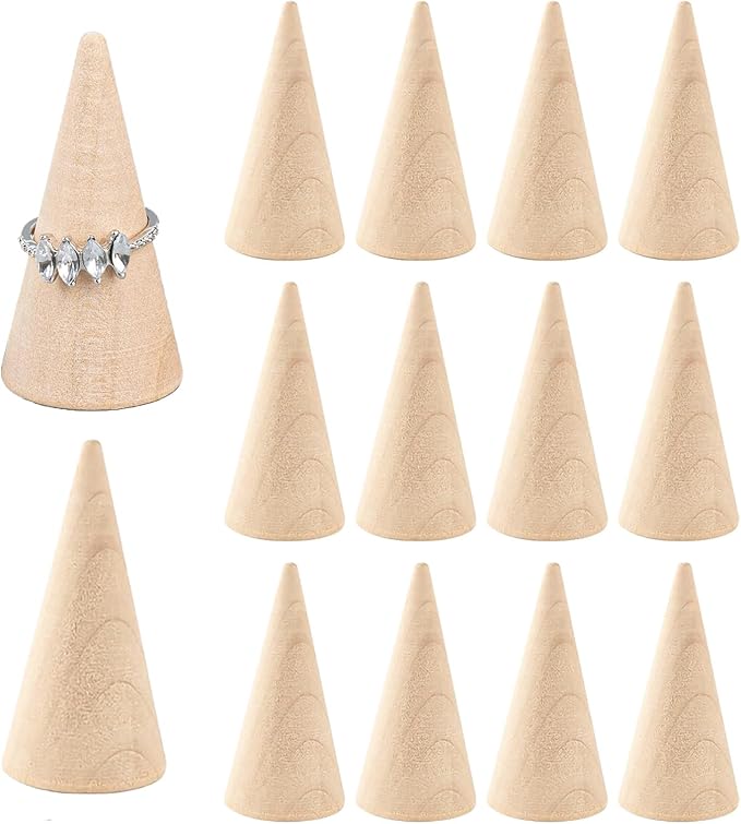 Framendino, 20 Pack Wood Cone Ring Display Stand Holder, Natural Unfinished Jewelry Stands Organizer for Crafts DIY