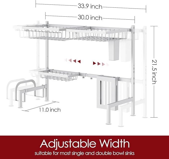 Over The Sink Dish Drying Rack - Adjustable 2 Tier Large Capacity Stainless Steel Drainer with Cutlery & Utensil Holders, Kitchen Storage & Organization, 30"-33.9" L x 11" W x 21.5" H, White