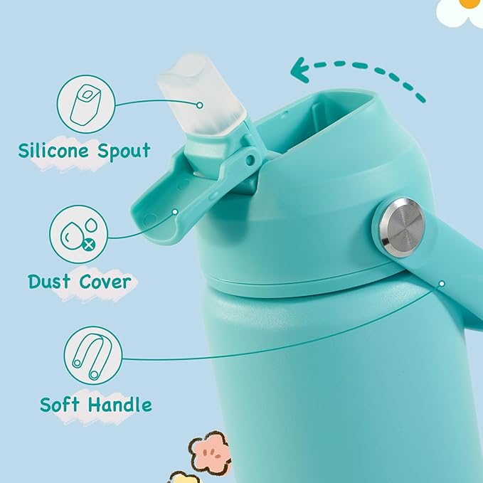 Kerilyn 12oz Kids Water Bottle, Stainless Steel Insulated Water Bottle for Kids, Toddler Cup With Straws Leak-proof, Toddler Water Bottles for School Boys Girls, BPA Free, Green