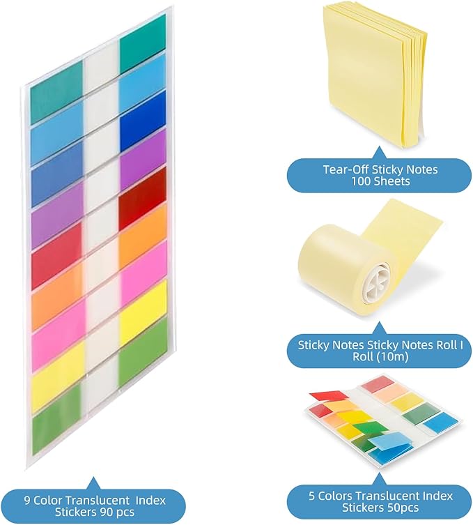 5-in-1 Sticky Note Dispenser Set Refill, Sticky Note Holder Refill - Includes 2 Colorful Translucent Index Label Sets, 100 (Sheets) Pop Up Sticky Notes, 33ft (10m) Sticky Note Rolls
