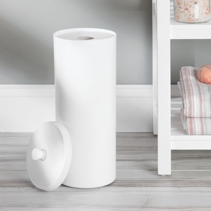 iDesign Freestanding Bathroom Toilet Paper Storage Holder with Lid for 3 Extra Rolls,White,(Pack of 4)