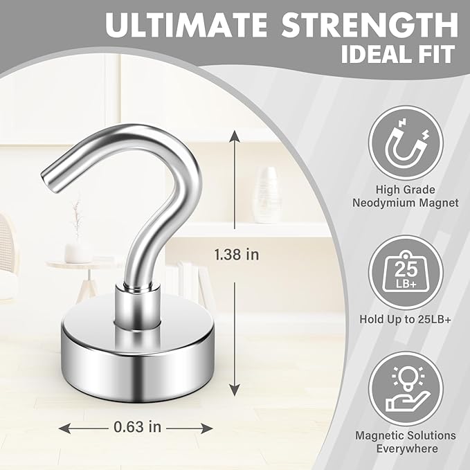 20Pack Heavy Duty Magnetic Hooks, 25 lbs Strong Neodymium Magnet Hooks for Hanging, Magnet with Hook for Cruise, Grill, Fridge, Home,Locker Accessories(Silver)