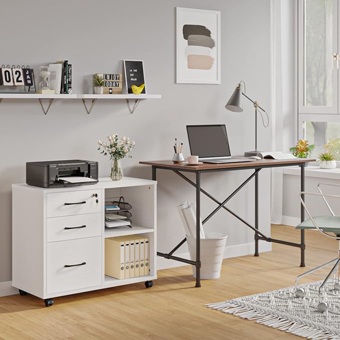 Panana 3 Drawer Office File Cabinets, Mobile Lateral Printer Stand with Open Storage Shelf, Rolling Filing Cabinet with Wheels Home Office Organization and Storage (White)