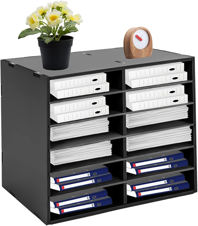LOYALHEARTDY Desktop Literature Organizer,12 Compartments Paper Organizer,Adjustable File Sorter Mail Center Magazine Holder Paper Storage Cabinet Classroom Keeper Mailbox for Office Home School,Black