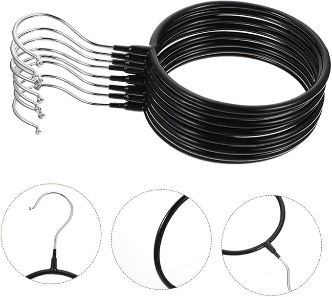 10pcs Heavy-Duty Scarf Organizer Rings with Hook, Black Plastic-Coated Iron Scarf Hangers for Closet Necktie and Belt Storage, Space-Saving Accessory Organizer for Home Use