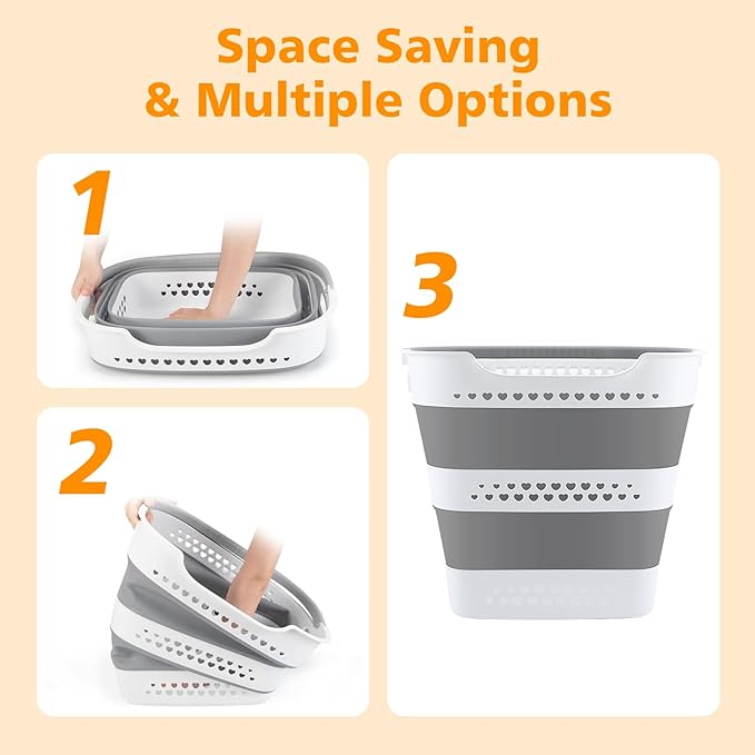 42L Medium Collapsible Plastic Laundry Basket with Handles, Foldable Laundry Basket Hamper, Pop Up Storage Container Organizer for Washing Storage (Gery, 17 Inch * 13 Inch * 15 Inch)