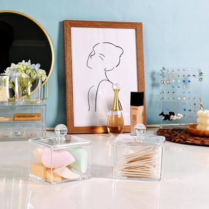 SheeChung Modern Square Acrylic Qtip Holder - Clear Apothecary Jar with Lid - Bathroom Vanity Storage Canister for Cotton Swabs, Balls, Pads - Compact Makeup Sponge Organizer
