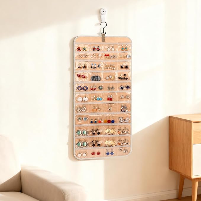 48 Pocket Oxford Fabric Double Sided Hanging Rotating Jewelry Organizer, Bracelet Necklace Jewelry Display Hanger for Closet Door, Earring Dustproof Holder Wall Mount Accessories(Off-white)