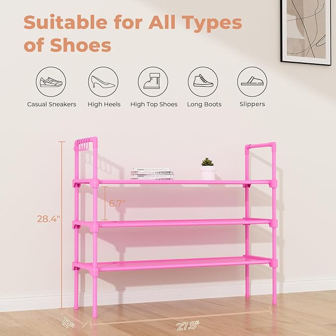 3 Tier Shoe Rack for Closet, Shoe Organizer with 5 Hooks, Long Shoe Shelf Storage for Shoe and Boot Stackable Free Standing Shoe Rack for Entryway, Garage, Small Spaces, Dorm, Pink