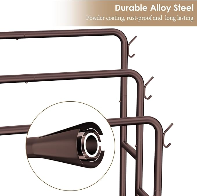 40" H Free Standing Towel Rack with 2 Storage Baskets & 6 Hooks, 3 Tier Silver Metal Towel Stand for Extra Large Towel, Modern Industrial Blanket Ladder Display and Drying Rack for Bedroom Bathroom