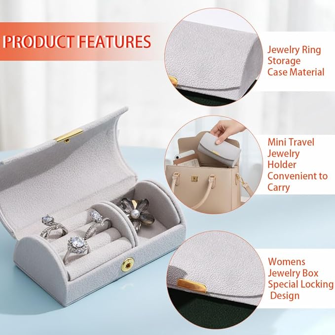 Mini Travel Jewelry Case, Gray Leather Ring Storage Box with Locking Design, Portable 3-Compartment Organizer for Women (grey, Pearl velvet)