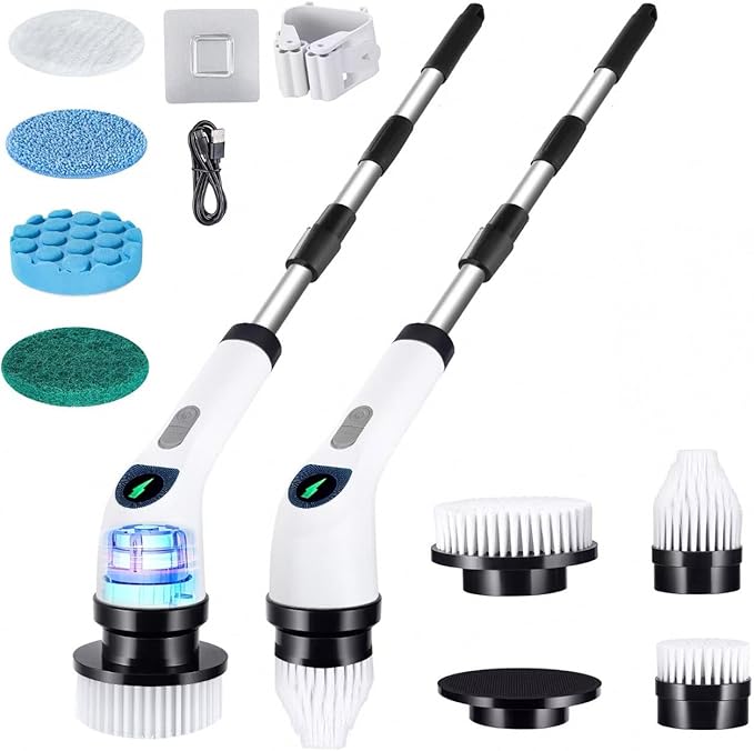 Electric Spin Scrubber for Cleaning, Adjustable Shower Brush with 7 Replaceable Heads & Power LED Display, 2 Speed Waterproof Cordless Shower Scrubber for Bathtub, Kitchen, Car, White