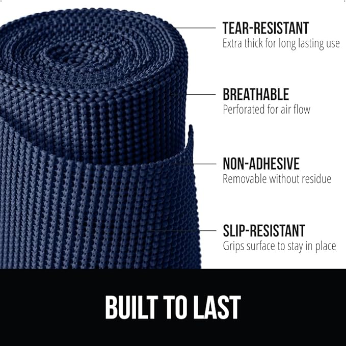 GORILLA GRIP powerGRIP Drawer Shelf and Cabinet Liner, Thick Strong Hold, Non-Adhesive Liners Protect Kitchen Cabinets and Cupboard, Bathroom Drawers, Easy Install, Breathable Mat, 12" x30', Navy Blue