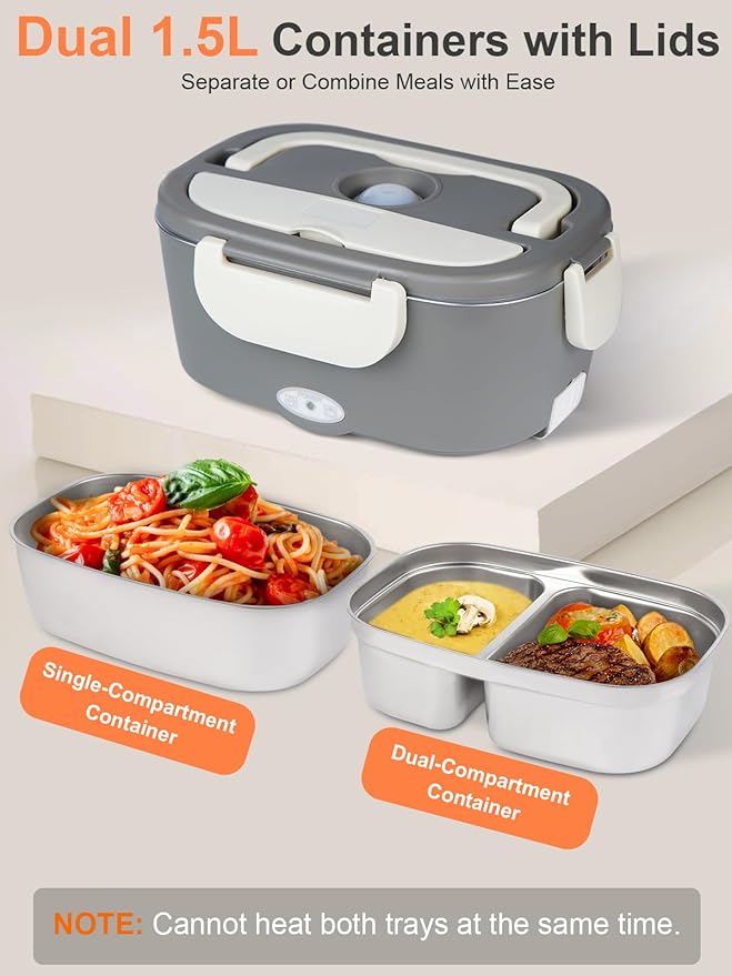 Electric-Lunch-Box-Heated-Food Warmer, 80W Heating Lunchbox for Adults, 2 Pack 1.5L Stainless Steel Containers, 12/24/110V Portable Warmer for Work/Car Lonchera Eléctrica Portátil (Beige)