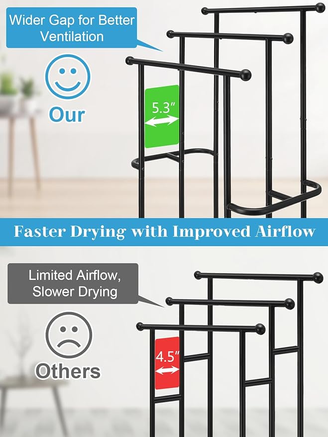 Haturi Free Standing Towel Rack for Bathroom, 39" Black 3-Tier Rust-Resistant Outdoor Towel Drying Rack for Pool, Metal Blanket Rack Holder with Storage Basket for Oversized Bath Towels