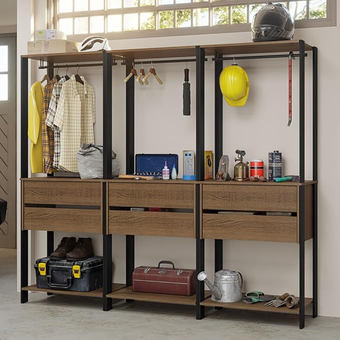 Madesa Garage Storage Rack with 6 Drawers and Hanging Spaces 82" L Multiuse Modular Organization Cabinet for Tools (BLACK/BROWN)