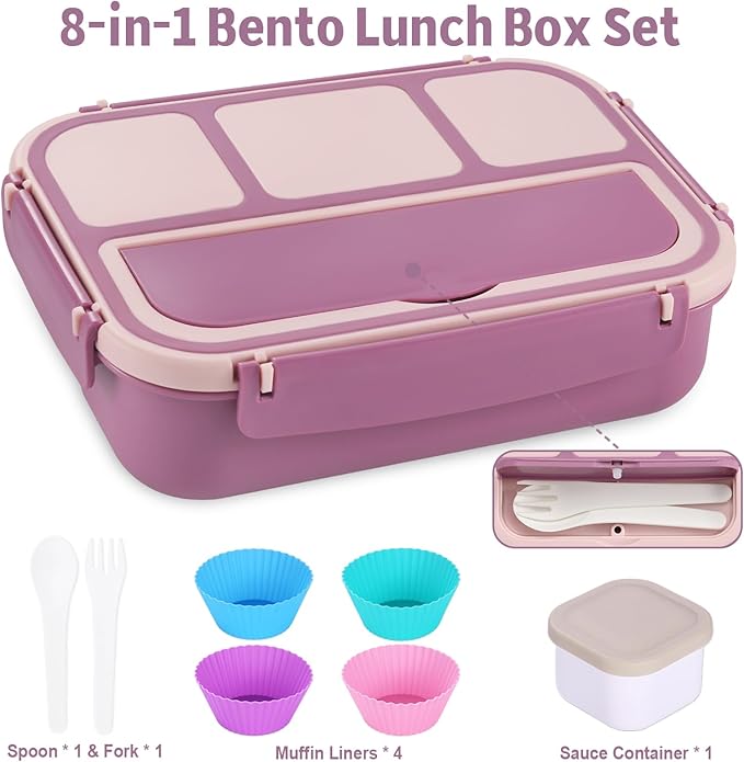 Bento Box Adult Lunch Box, Lunch Containers for Kids Girls Boys with 4 Compartments, Lunchable Food Container with Utensils, Sauce Jar, Muffin Liners, 40 Oz/5 Cup, Dark Purple