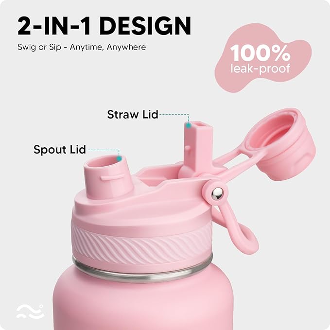 [2-IN-1 LID] Insulated Water Bottle with Silicone Boot (36hrs Cold/18hrs Hot) - DIY Stickers, Leakproof, BPA Free, 40 oz