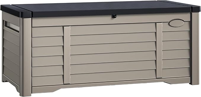 DWVO Large Deck Box 150 Gallon Waterproof Outdoor Storage Box, Extra Large Outdoor Bin, Resin Louvered Patio Storage for Pillows, Garden Tools & Pool Supplies, Lockable, Black&Brown