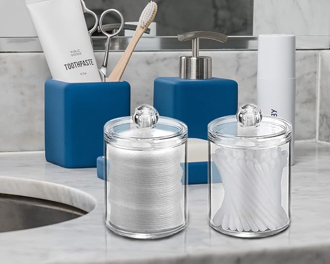 3 Pack Qtip Holder Storage Canister for Cotton Ball, Cotton Swab, Pads, Floss; 10-Ounce Clear Plastic Apothecary Jar with Lid, Bathroom Makeup Organizer (3)