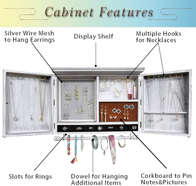 GLANT Rustic Wall Mounted Jewelry Organizer with Wooden Barndoor Decor,Wooden Wall Mount Holder,Jewelry holder for Necklaces, Earings, Bracelets, Ring Holder. Includes matching hook organizer