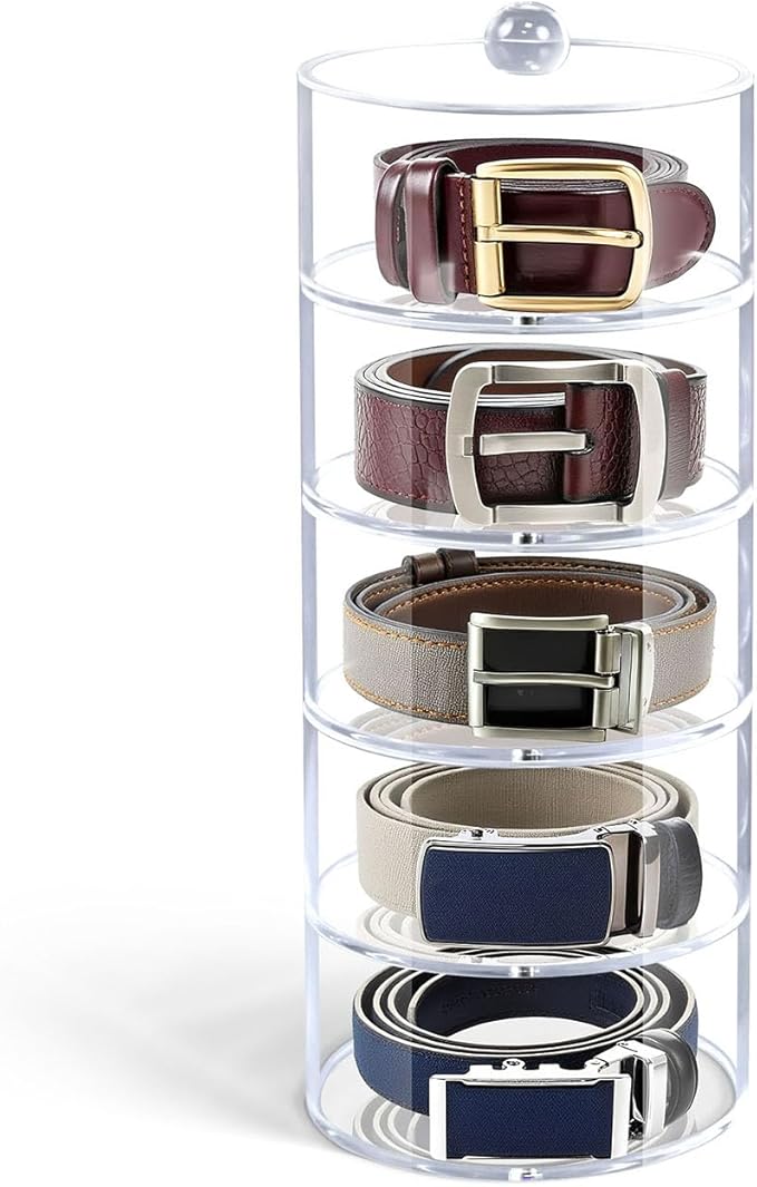 Belt Organizer, 5-Tier Acrylic Belt Storage & Holder for Closet, Clear Acrylic Display Case with Dust Cover for Belts