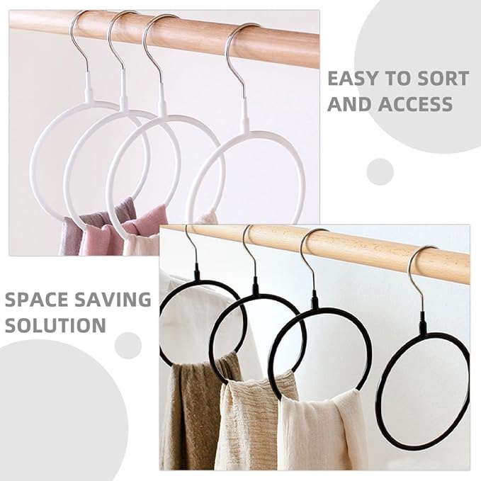 Sewroro 8pcs Metal Hanger Rings Scarf Organizer and Belt Holder for Closet, Black and White Small Plastic-Coated Hooks, Space-Saving Accessory Organizer for Women’s Scarves and Neckties