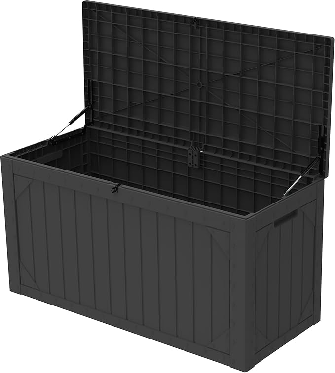 Outdoor Storage Box, 100 Gallon Resin Deck Box Waterproof for Patio Furniture, Garden Tools and Pool Accessories, Lockable UV-Resistant Storage Bin Bench Cabinet for Outside, Black