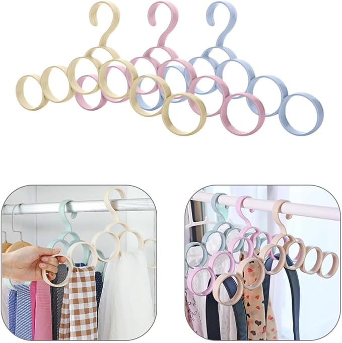 Luxshiny Multi-Function Wardrobe Coat Hanger and Tie Accessory Organizer, 6-Ring Closet Storage Rack for Scarves Belts, Household Convenient Clothes Hanger, 3pcs Set, Random Random Color