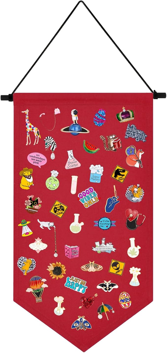Kunyeah Wall Hanging Brooch Organizer Storage Case Colorful Canvas Pin Board Stand Enamel Pin Badge Hanging Holder Display Banner Earrings Collection Holder - Pins No Included (Red)