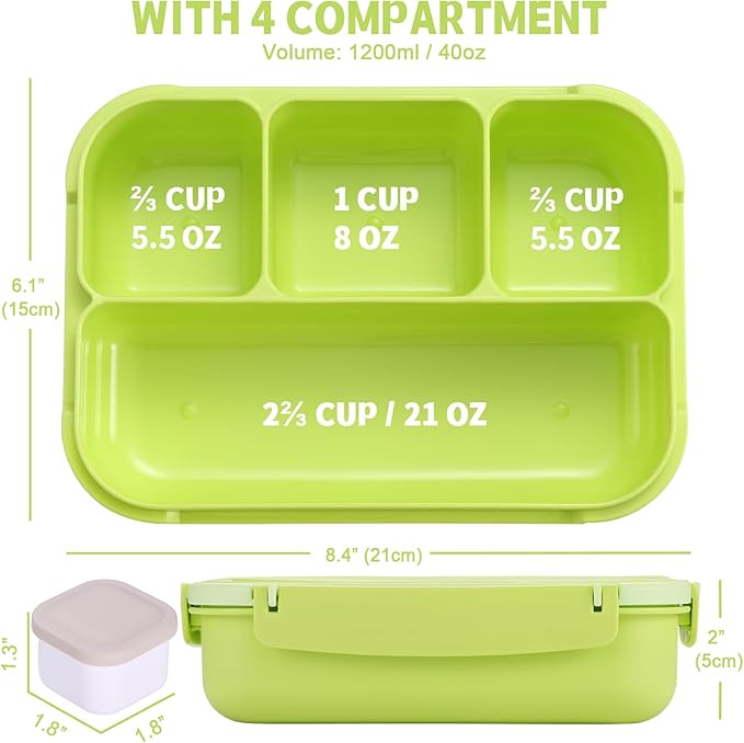 Bento Box Adult Lunch Box, Lunch Containers for Kids Girls Boys with 4 Compartments, Lunchable Food Container with Utensils, Sauce Jar, Muffin Liners, 40 Oz/5 Cup, Bright Green