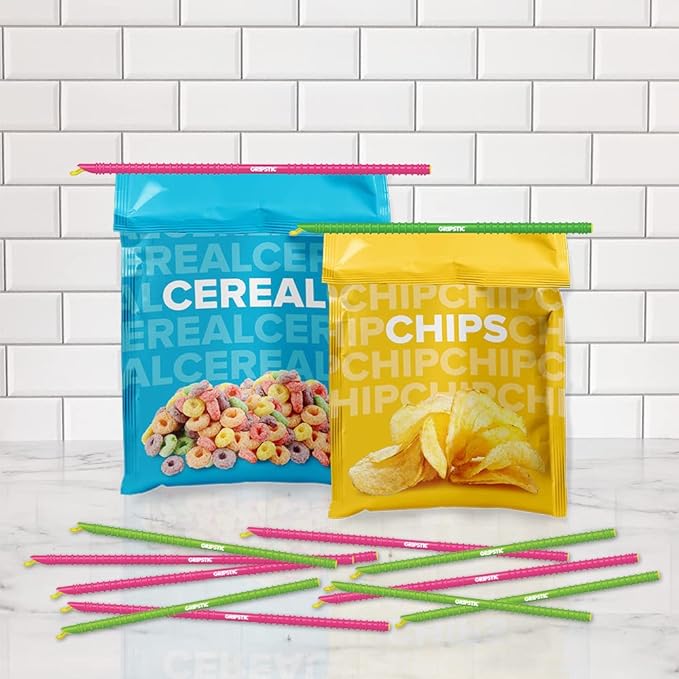 GripStic Bag Sealer. Reusable Chip Clips, Bag Clips For Food. Patented. Airtight & Waterproof Bag Clips for Food Storage. Clip Chip For Chips and Other Food Bags. (6) 11.25" and (6) 13.75" GripStics.