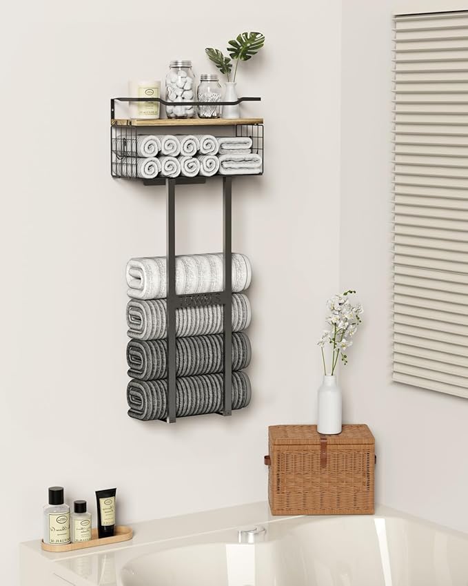 Towel Racks for Bathroom - Wall Mounted Metal Rack with Wood Plank, Bathroom Storage Organizer, Towel Holder Stores 6 Large Rolled Towels Easily, Black with Wood Plank
