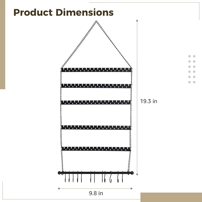 Wall Mounted Jewelry Organizer, 19.3 x 9.8 in, 6-Tier Foldable Hanging Earring Organizer with 10 Hooks, Black Metal Earring Holder Display Rack