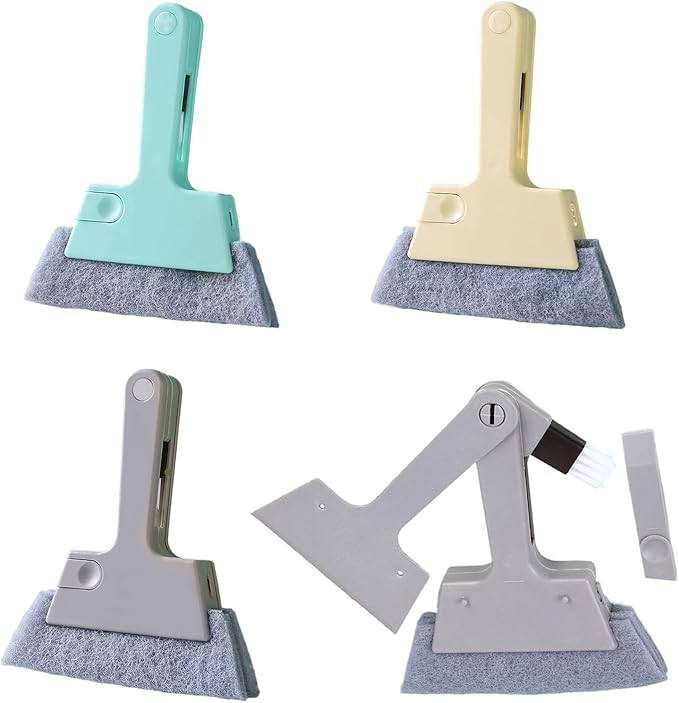 Window Track Cleaner Tool, 4Pcs 4-in-1 Groove Cleaning Brush (with Bristle Brush, Gap Dustpan, Scraper), Washable Cleaning Gadgets for Sliding Door, Sill, Car Vents (Blue + Yellow + 2Gray)