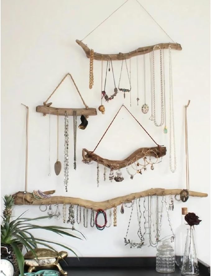 Qenk 2Pcs 15 Inch Natural Driftwood Decorative Branches Farmhouse Home Wall Hanging Decor Hanging Jewelry Organizers with 5 Hooks