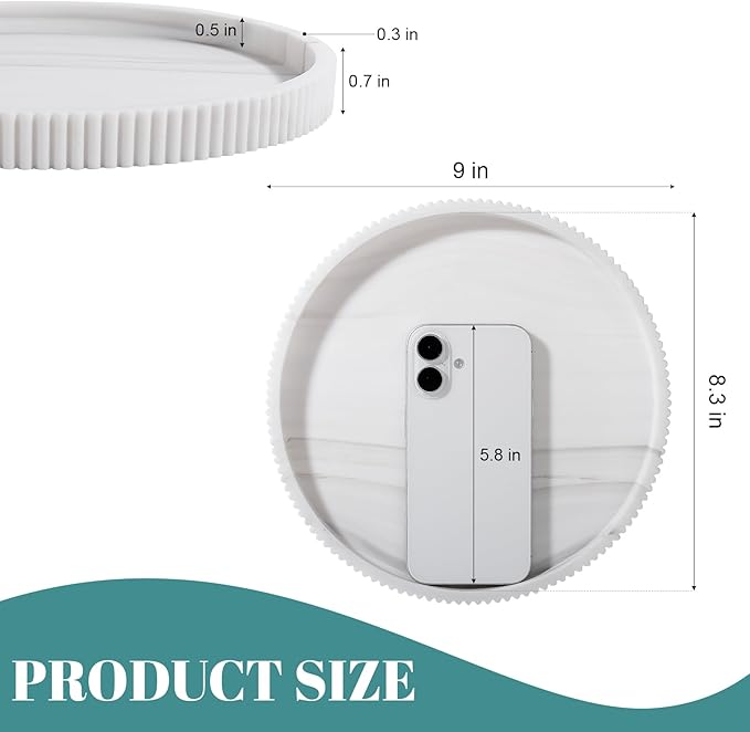 Silicone Bathroom Tray Round Kitchen Counter Organizer Decorative Vanity Accessories Coffee Table Decor for Perfume, Candle, Soap Dish, 9 Inch, Marble