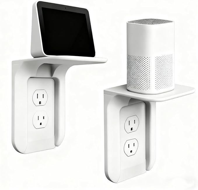 Outlet Shelf, Bathroom Wall Holder with Built-in Cable Management, Wall Organizer for Smart Home Decor Space Saving Electric Toothbrush Use as Echo Holder (2 Pack)