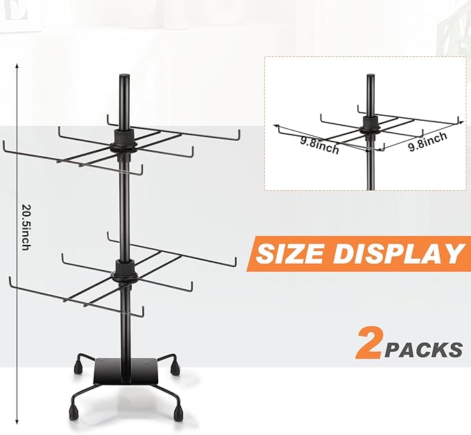 2 Pcs Jewelry Rotating Display Stand Adjustable Metal Earrings Bracelet Display Rack Hanging Jewelry Spinning Organizer Tree with Hooks for Vendor Events Selling (2 Tier,Black)
