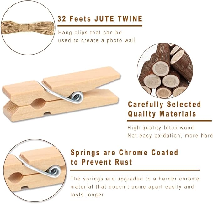 1.35 Inch Mini Clothes Pins for Photo100 Pcs with 32 Feet Jute Twine, Mini Clothes Pins for Crafts, Wooden Small Clothespins for Pictures, Tiny Decorative Clothespins for Baby Shower (10 Colors)