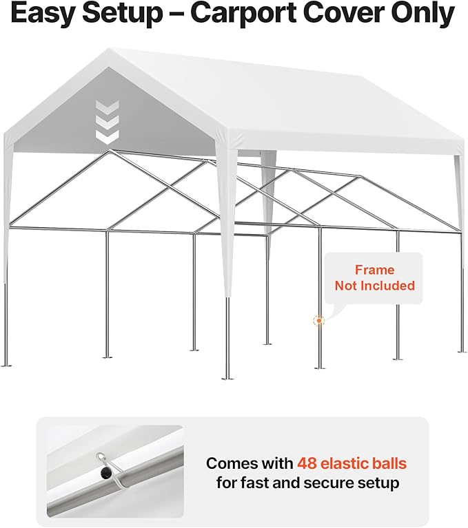 VEVOR Carport Replacement Canopy Cover, 12 x 20 ft Potable Garage Tent Top Tarp, UV-Resistant & Waterproof Car Shelter Tarp, Heavy Duty Car Port Cover with Ball Buggees, White, Frame Not Included
