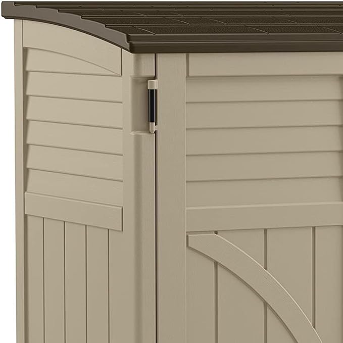 Suncast Horizontal Shed, Compact Outdoor Storage System, 34 Cu. Ft. Capacity, Sand & Slate - Lockable Multi-Wall Resin Organizer for Garbage Cans, Garden Tools, Bins, Bikes and Yard Equipment